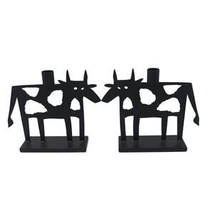 VTG Metal Art Abstract Cow Spots 2 Candle Holders Sculpture Black Far Side HEAVY